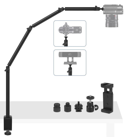 Picture of Obeamiu Overhead Camera Mount Desk Stand, 40'' Articulated Arm DSLR Desk Mount Light Stand with 3/8'' 5/8'' Screw, C Clamp Tabletop Stand for Podcasting/Ring Light/Blue Yeti Nano/Webcam