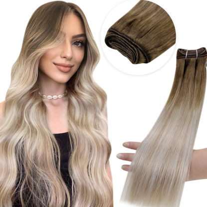 Picture of LAAVOO 12 Inch Blonde Weft Extensions Human Hair Balayage Ombre Brown Fading to Ash Blonde Mix Platinum Blonde Sew in Weft Real Hair Bundles 80 Grams Weave Hair