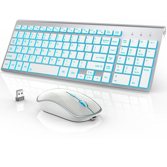 Picture of Wireless Keyboard and Mouse Combo with 7 Backlit Options,Quiet Light Up Keys,Type-C Rechargeable,Sleep Mode-2.4G Slient Portable Cordless Combo for Laptop/PC/Computer/Mac by J JOYACCESS(White+Sliver)