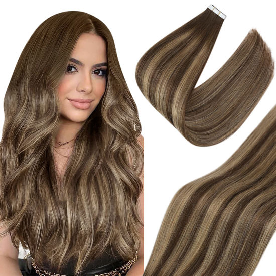 Picture of Sunny Human Hair Tape in Hair Extensions Balayage, Brown Mix Blonde Balayage Tape in Human Hair Extensions, Invisible Tape on Hair Extensions Dark Brown Balayage Caramel Blonde 18inch 20pcs 50g