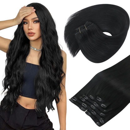 Picture of Sunny Clip In Hair Extensions Human Hair Black Invisible Clip In Human Hair Extensions Natural Black Double Weft Black Hair Extensions Real Human Hair Clip ins Straight Hair 14inch 120G