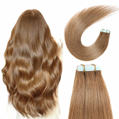 Picture of SUYYA Tape in Hair Extensions Human Hair Light Brown 18 inches 50g 20pcs Straight Seamless Skin Weft Tape in Human Hair Extensions(18 inches #8 Light Brown)