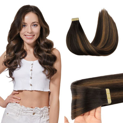 Picture of GOO GOO Tape in Hair Extensions Human Hair Natural Balayage Expensive Brunette Hair Extensions 14 Inch Remy Human Hair Extensions 20pcs 50g