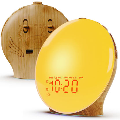 Picture of JALL Wake Up Light Sunrise Alarm Clock for Kids, Heavy Sleepers, Bedroom, Full Screen with Sunrise Simulation, Fall Asleep, Dual Alarms, FM Radio, Colorful Lights, Built-in Natural Sounds, Wood Grain