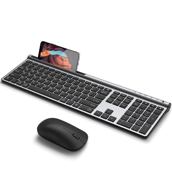 Picture of Wireless Keyboard and Mouse Combo, CHESONA Bluetooth Rechargeable Full Size Mulit-Device (Bluetooth 5.0+3.0+2.4G) Wireless Keyboard Mouse Combo for Mac OS/iOS/Windows/Android (Silver Black)