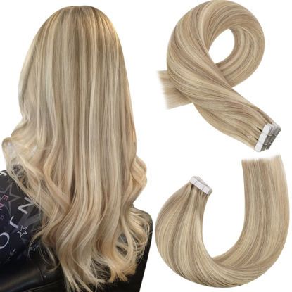 Picture of Moresoo Tape in Human Hair Extensions Real Hair Extensions Honey Blonde Highlighted Medium Blonde Tape in Skin Weft Hair 18 Inch Glue in Adhesive Tape ins Thick End 20pcs 50g