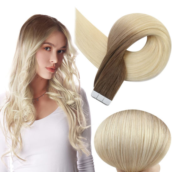 Picture of Full Shine Tape ins Real Human Hair Extensions 16 inch Tape in Human Hair Brown Roots Blonde Tape Extensions Thick Ends 50 Gram 20 Pcs Skin Weft Hair Extensions 3/8/613 Balayage Tape Hair