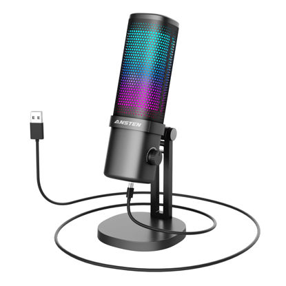 Picture of ANSTEN Gaming Mic, USB Condenser Microphone for PC/Computer/PS4/ PS5/ Mac/Phone, RGB Lights, Mute Touch, Headphone Jack, Built-in Pop Filter, Gain Knob, Monitoring for Streaming, Podcast, Recording