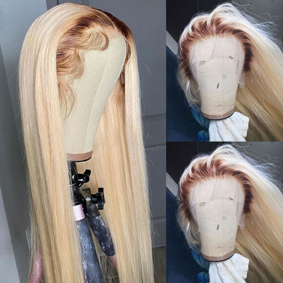 Picture of ANDRIA Lace Front Wigs Straight Hair Glueless Lace Wigs Synthetic Long Silk Straight Natural Wig Heat Resistant Fiber Ombre 613 Blonde Colorful Wig With Baby Hair For Black Women 24 Inches