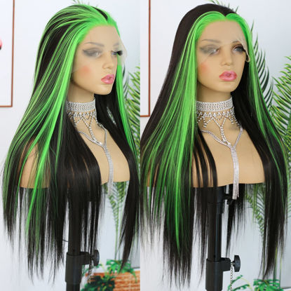 Picture of ANDRIA Lace Front Wigs Straight Hair Glueless Lace Wigs Synthetic Long Silk Straight Natural Wig Heat Resistant Fiber Black and Green Skunk Stripe Colorful Wig With Baby Hair For Black Women 24 Inches