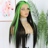 Picture of ANDRIA Lace Front Wigs Straight Hair Glueless Lace Wigs Synthetic Long Silk Straight Natural Wig Heat Resistant Fiber Black and Green Skunk Stripe Colorful Wig With Baby Hair For Black Women 24 Inches