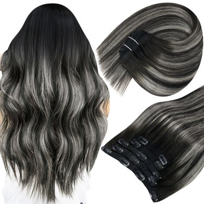 Picture of Sunny Clip in Hair Extensions Human Hair Grey, Black Mix Grey Balayage Clip in Human Hair Extensions, Double Weft Black Grey Ombre Human Hair Clip in Extensions Balayage Straight Hair 12inch 5pcs 70g