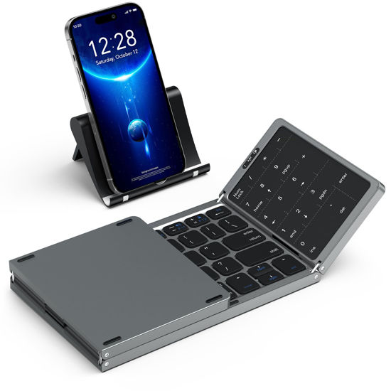 Picture of Trueque Foldable Keyboard, Portable Multi-Device Wireless Bluetooth Keyboard with Touchpad & Number Pad, Rechargeable Travel Folding Keyboard with Stand Holder for Tablet Phone Laptop
