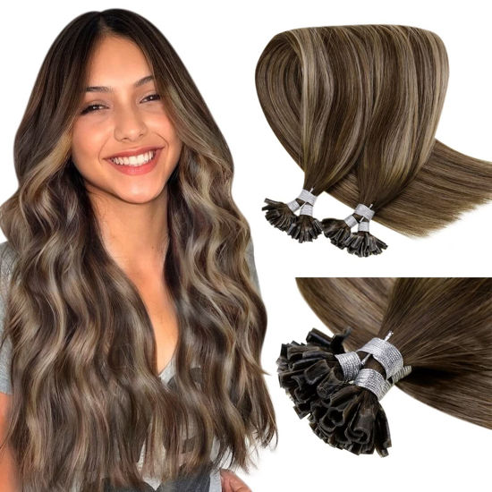 Picture of LAAVOO U Tip Hair Extensions Human Hair Brown Balayage Dark Brown Ombre Ash Blonde 16 inch 50g/50s Human Hair U Tip Extensions Brown Keratin Tip Hair Extensions Human Hair Straight