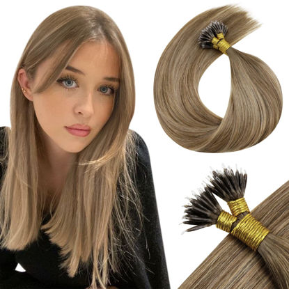 Picture of LaaVoo Nano Tip Hair Extensions 18 Inch Remy Hair Balayage Light Brown Fading to Dark Honey Blonde Mixed Brown Micro Nano Beads Human Hair Extensions 1g/s 50s/pack