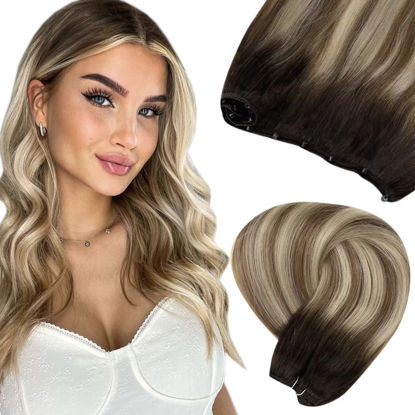 Picture of LAAVOO Micro Beads Weft Hair Extensions Real Human Hair Balayage Dark Brown to Light Brown Mix Light Blonde Ombre Human Hair Beaded in Double Weft Extensions Silky Straight 16 inch 50G