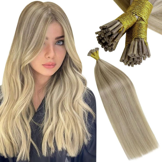 Picture of LAAVOO Blonde I Tip Hair Extensions Real Human Hair Highlight Ash Blonde Mixed Golden Blonde I Tip Human Hair Extensions Natural 16inch Itip Hair Extensions Human Hair 50g