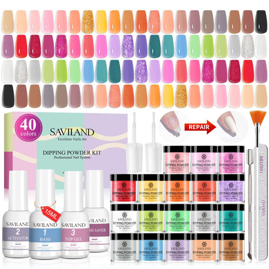 Picture of Saviland 49Pcs Dip Powder Nail Kit - 40 Colors All Season Dip Powder Nail Dip Powder Kit with 4*15ml Dip Liquid Set Base & Top Coat Activator Brush Saver Nail Art Tools for Nail Salon Home DIY, Valentine's Day Gift for ladies