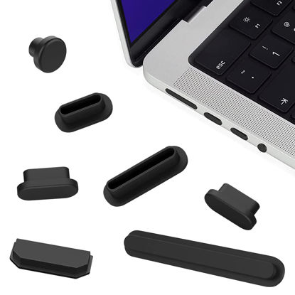 Picture of 7PCS Anti Dust Plug Set, Compatible with MacBook Pro 14/16 Inch (M2 Pro / M2 Max / M1 Pro / M1 Max) Model A2442 A2485 with Touch ID, Silicone Port Protection Dust Cups (Black)