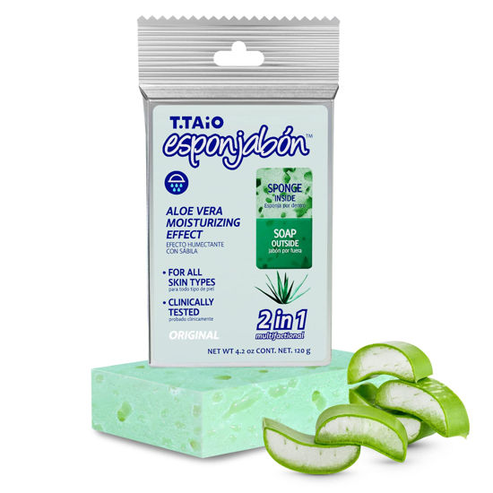 Picture of T.Taio Esponjabon Aloe Vera Soap Sponge - Gentle Shower Scrubber - Cleaning Bath Wash Scrub - Dirt & Oil Removal - Massage & Lather Foot, Elbow, & Face - Bathroom Accessories - Fresh Aloe Vera Scent