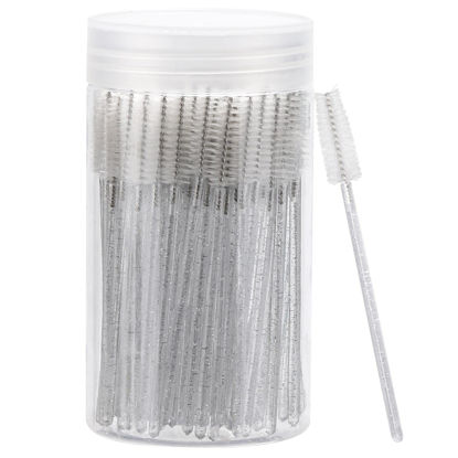 Picture of 100 Pcs Disposable Mascara Wands, Crystal Eyebrow Spoolies Brush for Eyelash Extensions, Lash Brushes with Container (White)