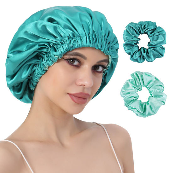 Picture of CENTSTAR Reversible Silk Satin Bonnet for Sleeping, Large Adjustable Hair wrap/ Cap for Women Curly Hair (BlackishGreen)