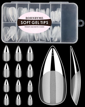 Picture of Soft Gel Nail Tips Medium Stiletto, 120PCS Pre Buff Full Cover Shaped Nail Extenison Tips Half Matte Gel X Nail Tips BORNBYME