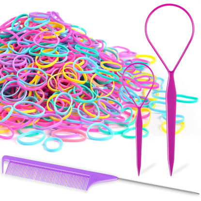 Picture of TsMADDTs 1000pcs Colorful Hair Elastics with Hair Loop Styling Tool Set,1000pcs Baby Hair Bands Hair Ties Toddler Girl 2Pcs Hair Loop 1Pcs Rat Tail Comb