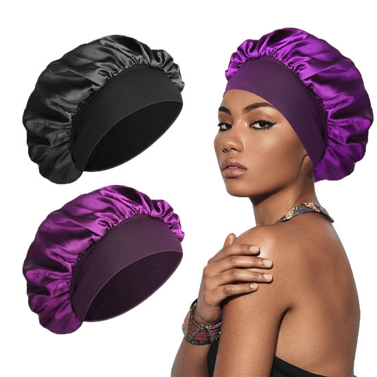 Picture of SWEET VIEW 2 Pcs Silk Bonnet Satin Bonnet, Silk Hair Wrap for Sleeping, Soft and Comfortable Silk Sleep Cap - Black, Purple