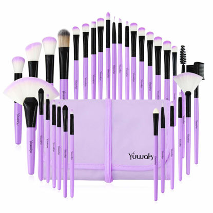 Picture of Yuwaku Makeup Brush 32pcs, Purple Professional Make Up Brushes Set with Soft Bristles Kabuki Foundation Powder Eyeshadow Eyeliner Blush Concealer Brush with Travel Makeup Bag (Purple)