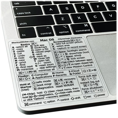 Picture of SYNERLOGIC Mac OS (Ventura/Monterey/Big Sur/Catalina/Mojave) Keyboard Shortcuts, M1/M2/Intel No-Residue Clear Vinyl Sticker, Compatible with 13-16-inch MacBook Air and Pro