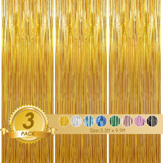 Picture of Birthday Party Decorations| 3 Pack 3.3 x 9.9 ft Gold Foil Fringe Curtains Party Supplies|Tinsel Curtain Backdrop for Parties, Glitter Streamers Backdrop for Birthday/Photo Booth Backdrops/Party Decor