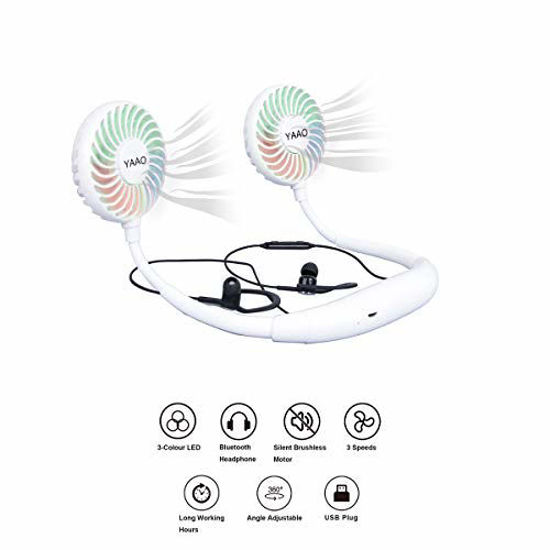 Picture of YAAO Portable Neck Fan with Bluetooth Headphone USB Rechargeable Hands-Free Personal Wearable Neckband Fan Dual Wind Head 360° Free Rotation for Traveling Outdoor Office White