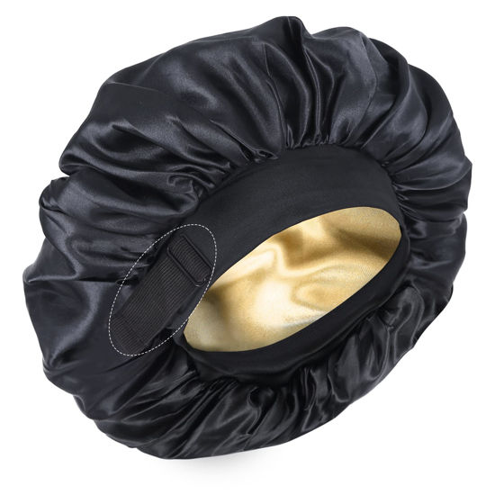 Picture of Silk Bonnet for Sleeping Double Layer Satin Bonnet Adjustable Bonnets for Black Women Sleep Cap Reversible Hair Bonnet for Curly Hair (Black)