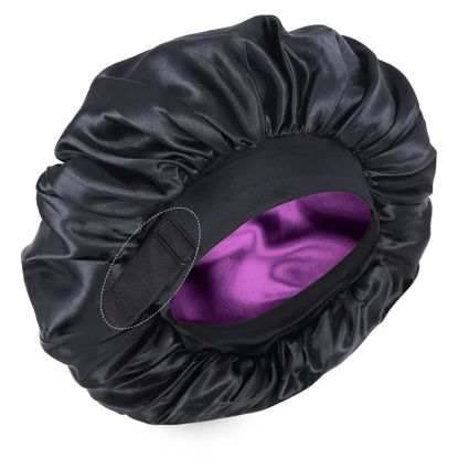 Picture of Silk Bonnet for Sleeping Double Layer Satin Bonnet Adjustable Bonnets for Black Women Sleep Cap Reversible Hair Bonnet for Curly Hair (Black and Purple)