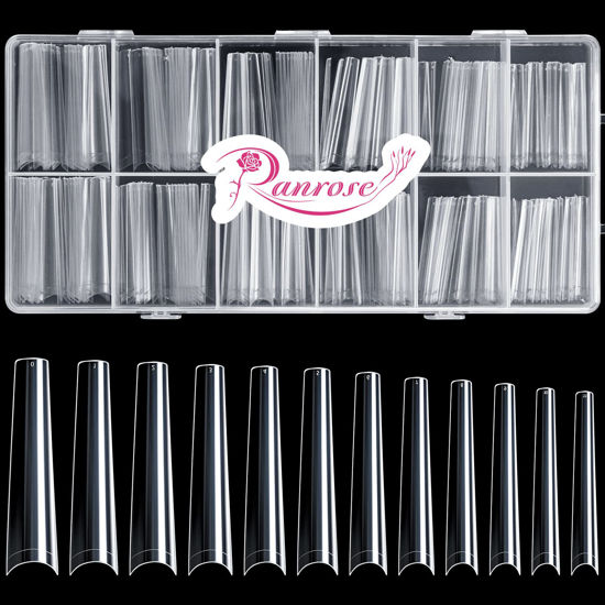 Picture of Ranrose 240PCS Clear Extra Long Coffin Nail Tips XXXL Coffin Long Half Cover NO C Curve Ballerina False Nails 12 Sizes Coffin Shape Nail Tips Press on Nails with Box