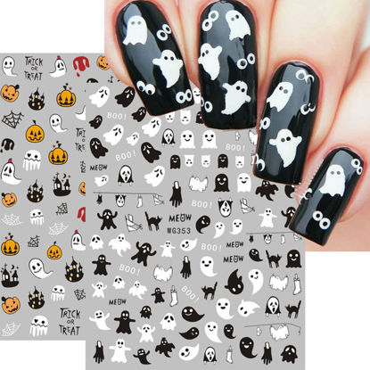 Picture of 8 Sheets Halloween Nail Art Stickers Decals Self-Adhesive Pegatinas Uñas Cute Ghost Pumpkins Skull Spider Web Nail Supplies Nail Art Design Decoration Accessories