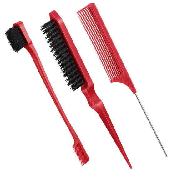 Picture of 3 Pcs Slick Back Hair Brush Set Bristle Hair Brush Edge Control Brush Teasing Comb for Women Baby Kids' Black Hair (Red)