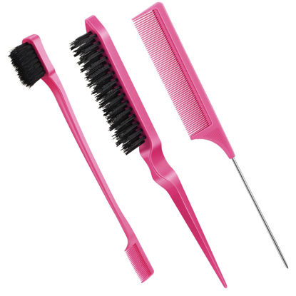 Picture of 3 Pcs Slick Back Hair Brush Set Bristle Hair Brush Edge Control Brush Teasing Comb for Women Baby Kids' Black Hair (Rose Red)