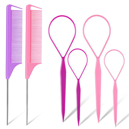 Picture of Hair Tail Tools, TsMADDTs 6Pack Hair Loop Tool Set with 2Pairs French Braid Tool Loop 2Pcs Rat Tail Comb for Hair Styling, Purple&Pink