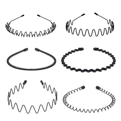 Picture of fenshine 6PCS Metal Hair Bands, Spring Wavy Hoop Unisex Black Headband Slicked Back Non Slip Sports Hairband for Women Men