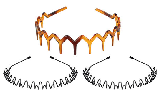 Picture of fenshine 3 Pcs Hair Bands, Metal Spring Wavy Hair Hoop and Plastic Zigzag Headbands, Unisex Wavy Headband Non Slip Sports Hairband, Sharks Tooth Hair Comb Hairband for Women