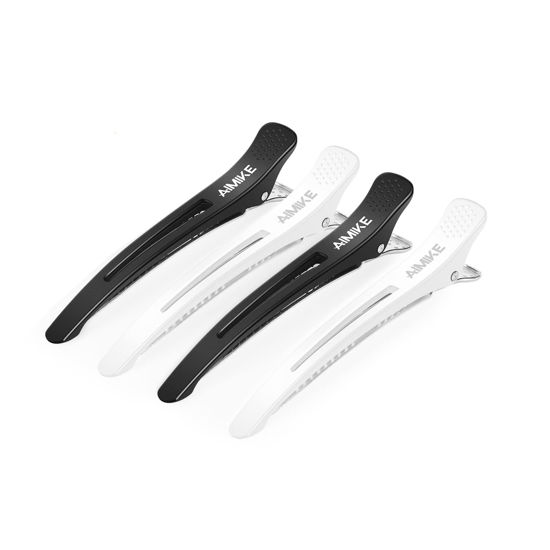 Picture of AIMIKE 4pcs Professional Hair Clips for Styling Sectioning, Non Slip No-Trace Duckbill Hair Clips w/Silicone Band, Salon and Home Hair Cutting Clips for Hairdresser, Women, Men - White & Black 4.3”