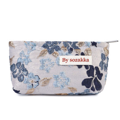 Picture of WANDF Cosmetic Bag for Women Makeup bag Organizer Mini Makeup Pouch for Purse Water Resistant Girls Gift (S-Blue Relief Flower)