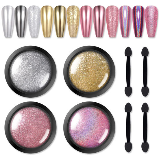 Picture of BORN PRETTY Chrome Nail Powder Metallic Mirror Powder Holographic Pigment Powder Manicure Nail Art Decoration Sets Silver Gold Pink Rose Gold 4 Boxes