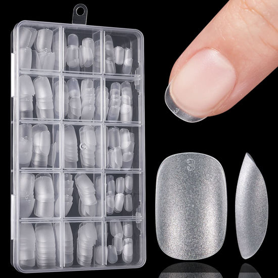 Picture of Ejiubas Extra Short Oval Nail Tips - 15 Size Full Matte Soft Gel Nail Tips, 300PCS Pre-shaped No Need Nail Files Full Cover Nail Tips for Nail Extensions