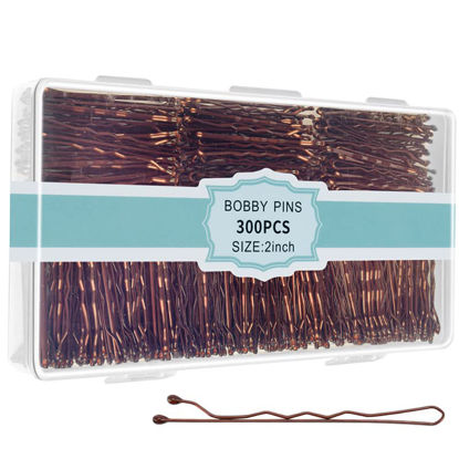 Picture of 300 Pcs Bobby Pins Brown, Brown Hair Pins for Women Girls and Kids, Invisible Wave Hair clips Bulk with Storage box, Pain-Free Hairpins（2 Inch Brown）