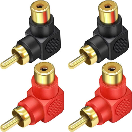 Picture of Warmstor RCA Male to RCA Female Connectors Right Angle 4-Pack, RCA M/F Adapters 90 Degree Elbow Gold-Plated (2 Black + 2 Red)