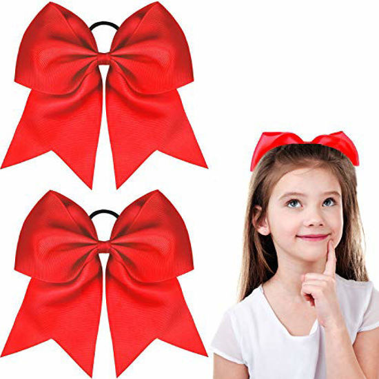 Picture of 2 Packs Jumbo Cheerleading Bow 8 Inch Cheer Hair Bows Large Cheerleading Hair Bows with Ponytail Holder for Teen Girls Softball Cheerleader Outfit Uniform (Red)