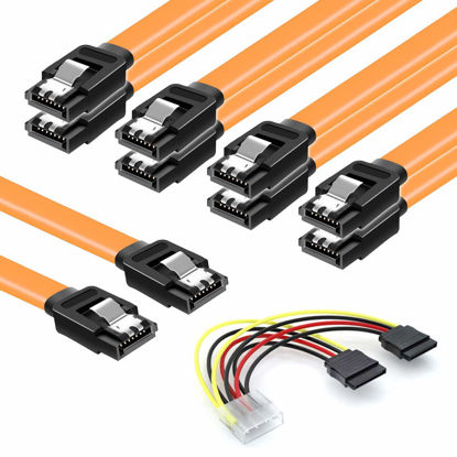 Picture of COCOMK SATA Cables III, SSD Data Cable 6.0 Gbps & SATA Power Splitter Cable 4 Pin to Dual 15 Pin Hard Drive Connection Cables Compatible with SATA Connectors 6 Pack (Yellow)